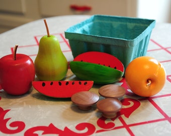 Farmers Market Basket of Wood Play Food- Apple, Pear, Peach, Watermelon, Mushrooms - Waldorf, Montessori, Natural Wood Toy