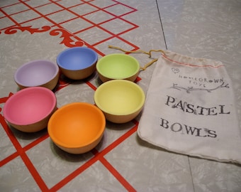 Wooden Toy - The ORIGINAL Pastel Wooden Sorting Bowls / Educational Waldorf Toys, Play Kitchen