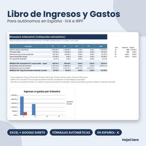 Puede incluir: Libro de ingresos y gastos para autónomos en España con una tabla de resumen trimestral, campos de cálculo de impuestos IVA e IRPF, y un gráfico de barras que compara los ingresos y gastos trimestrales en azul y rojo.