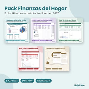 Puede incluir: Un paquete de finanzas digitales titulado Pack Finanzas del Hogar con cinco plantillas para 2027. Incluye hojas de cálculo para presupuestos anuales, gastos mensuales, metas de ahorro, deuda y un kit de finanzas personales en PDF.