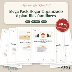 Puede incluir: Un conjunto de planificadores digitales titulado Navidad + Año Nuevo 2027 Mega Pack Hogar Organizado 6 plantillas familiares. Incluye 90 páginas y 3 archivos Excel con diversas plantillas de documentos e ilustraciones navideñas.