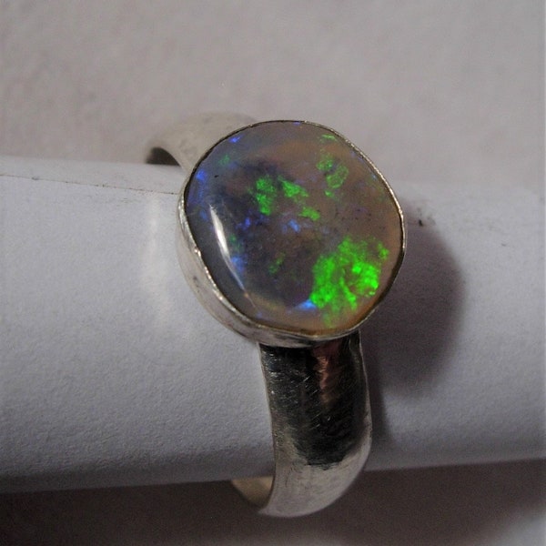 Big 10mm Round Australian Crystal Opal set in Stirling Silver Ring