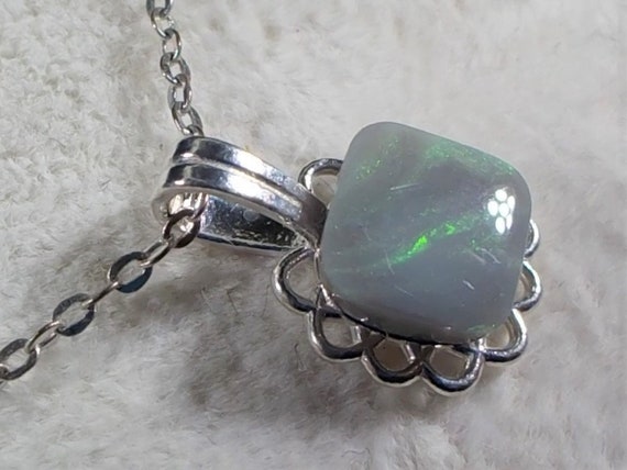 Unusual Square Cut Opal Pendant and Chain from Lightning Ridge, October Birthstone, LIBRA Star Stone, 14th Anniversary Gem