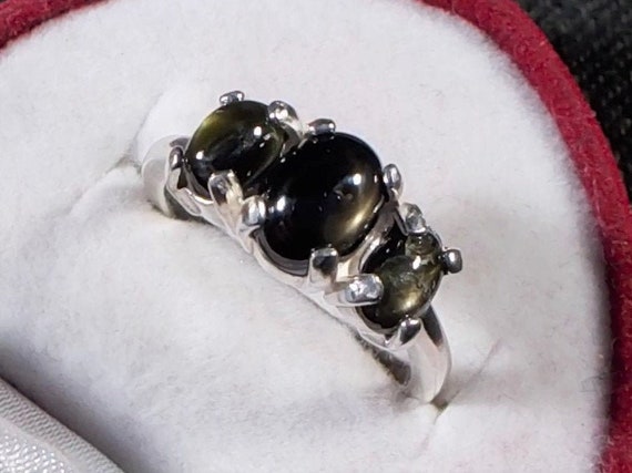 Triple Star Bronze Sapphire Ring (Size P or 8) July Birthstone, CAPRICORN Star Stone, 15th Anniversary Gem, Stirling Silver