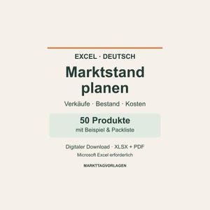 Könnte beinhalten: Eine digitale Tabellenvorlage zur Marktstandplanung mit dem Text 'Marktstand planen', 'Verkäufe', 'Bestand', 'Kosten', '50 Produkte', 'mit Beispiel & Packliste', 'Digitaler Download', 'XLSX + PDF' sowie 'MARKTTAGVORLAGEN' auf einem hellen Hintergrund.
