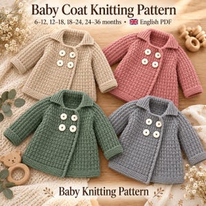 May include: Four knitted baby coats in beige, pink, green, and gray, each featuring a collared neckline, long sleeves, and four white buttons. The text reads Baby Coat Knitting Pattern, 6-12, 12-18, 18-24, 24-36 months, English PDF, and Baby Knitting Pattern.