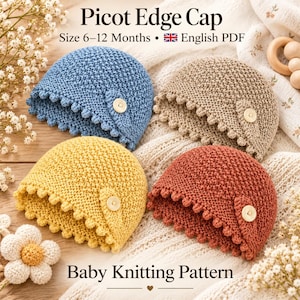 Op de afbeelding: Vier gebreide babymutsjes in blauw, beige, geel en roestkleur, elk met een picotrand en een knoopje. De tekst luidt Picot Edge Cap, Size 6-12 Months, English PDF en Baby Knitting Pattern.