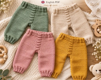 May include: A digital knitting pattern for baby pants in sizes 6, 12, and 18 months, featuring four pairs of hand-knitted pants in sage green, cream, dusty pink, and mustard yellow, each with a ribbed waistband and a central vertical textured detail.