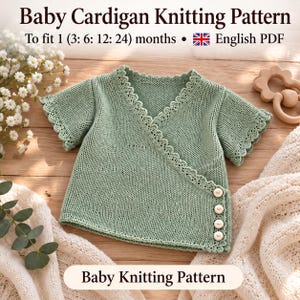 May include: A sage green knitted baby cardigan with short sleeves, a wrap-front design, and a scalloped lace-style trim. The garment features three small white buttons on the side. Text reads: Baby Cardigan Knitting Pattern.