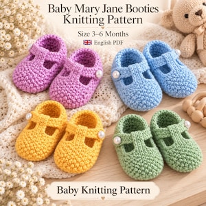 May include: Four pairs of handmade crochet baby Mary Jane booties in purple, blue, yellow, and green, each featuring a white pearl-like button. The text reads Baby Mary Jane Booties Knitting Pattern, Size 3-6 Months, English PDF, Baby Knitting Pattern.