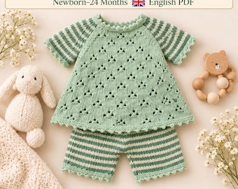 May include: A knitted baby dress and shorts set in sage green and cream. The dress features a lace pattern on the bodice and striped sleeves. The shorts have horizontal stripes. Text reads: Baby Dress Knitting Pattern Newborn-24 Months English PDF.