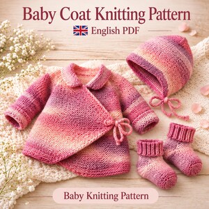 May include: A baby knitting pattern for a coat, bonnet, and booties. The set is made of variegated yarn in shades of pink, purple, and cream. The coat features a wrap-front design with a tie closure, a collar, and long sleeves. The bonnet has a tie chin strap.