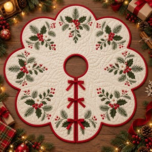 May include: A scalloped, cream-colored quilted Christmas tree skirt featuring embroidered holly leaves, red berries, and white flowers. The circular fabric mat has a center opening and three red ribbon bows along the front slit.
