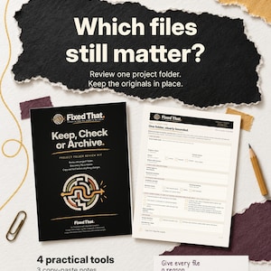 May include: A project folder review kit featuring a black cover with the text Which files still matter? Keep, Check or Archive. and a maze graphic. Includes a white fillable tool page, a pencil, and a paperclip on a textured background.