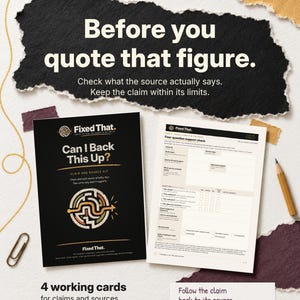 May include: A claim and source kit titled Fixed That. Can I Back This Up? featuring a black cover with a maze graphic, a four-question support check worksheet, a pencil, and a paperclip. Text includes Before you quote that figure.