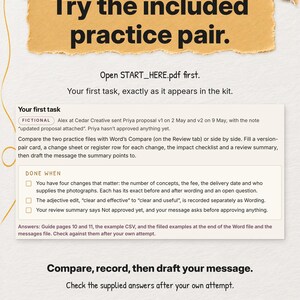 The complete first task from Start Here asks the buyer to compare two fictional proposals, record the changes and draft a message, with all three completion checks and the answer locations visible.