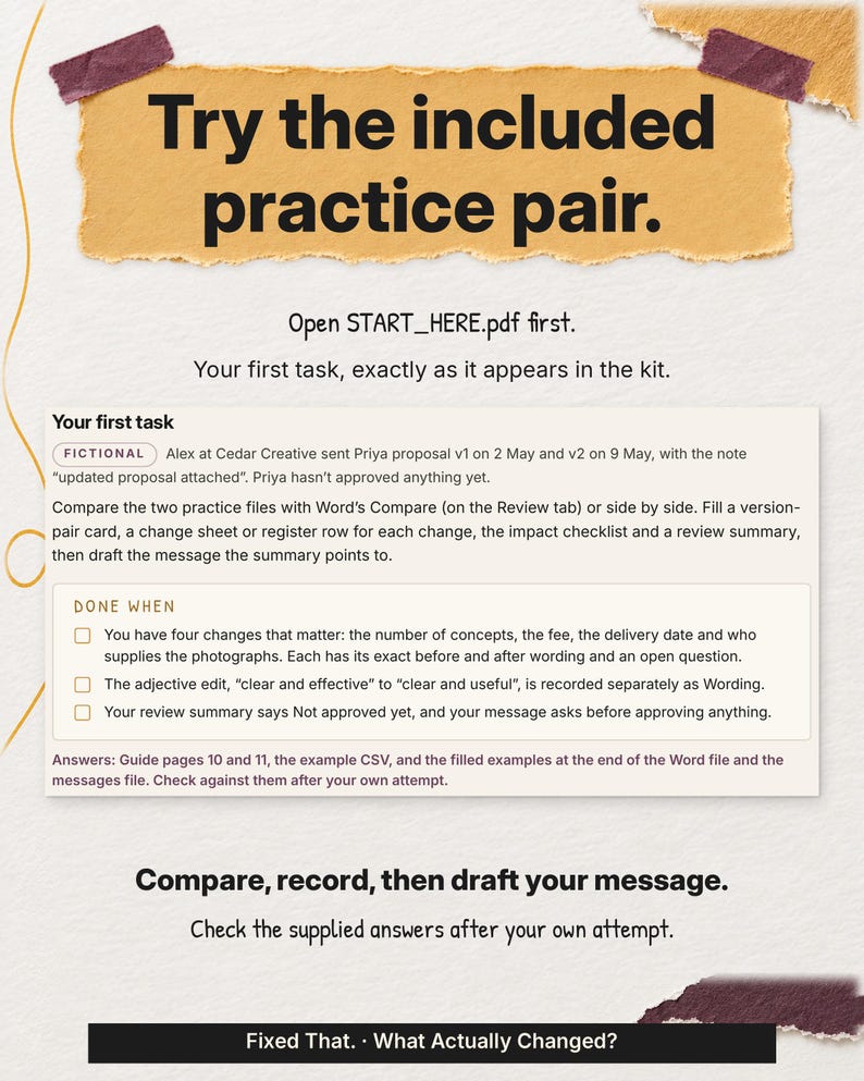 The complete first task from Start Here asks the buyer to compare two fictional proposals, record the changes and draft a message, with all three completion checks and the answer locations visible.