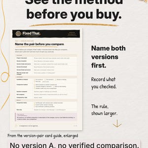 A complete version-pair card guide page explains how to record both files, with an enlarged rule sentence below and notes about naming the versions and recording what was checked.