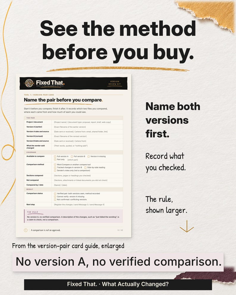 A complete version-pair card guide page explains how to record both files, with an enlarged rule sentence below and notes about naming the versions and recording what was checked.