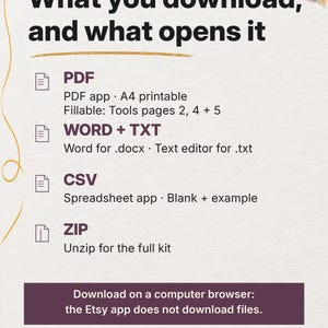 PDF, Word, TXT, CSV and ZIP formats are paired with their opening apps, followed by a plum label saying to download on a computer browser because the Etsy app does not download files.