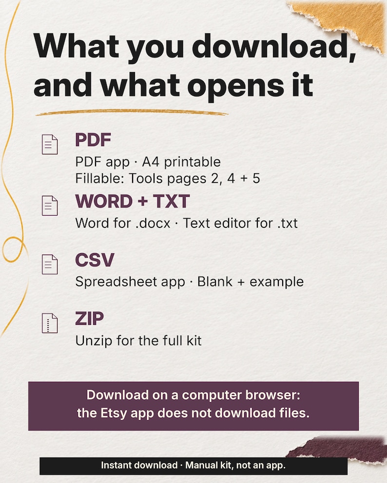PDF, Word, TXT, CSV and ZIP formats are paired with their opening apps, followed by a plum label saying to download on a computer browser because the Etsy app does not download files.