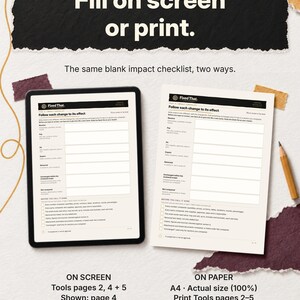 The blank impact checklist is shown on a tablet and on paper, with instructions to fill Tools pages 2, 4 and 5 on screen or print Tools pages 2 to 5 on A4 at actual size.