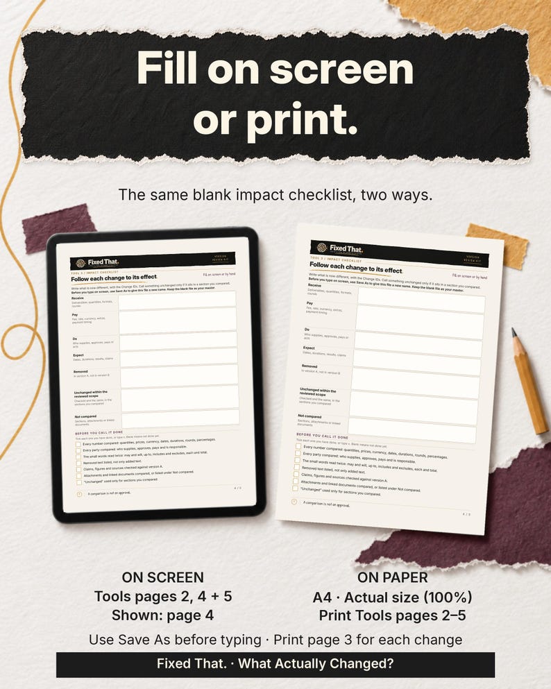 The blank impact checklist is shown on a tablet and on paper, with instructions to fill Tools pages 2, 4 and 5 on screen or print Tools pages 2 to 5 on A4 at actual size.