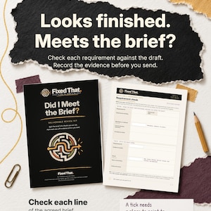 May include: A deliverable review kit titled Did I Meet the Brief? featuring a black cover with a maze graphic and a white interior page with a requirement check table. The kit includes text, a pencil, and a paperclip on a textured background.
