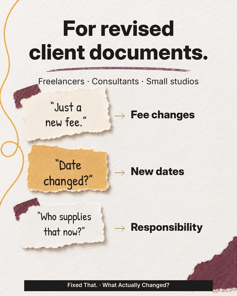 Handwritten notes about a new fee, changed date and who supplies something point to fee changes, new dates and responsibility, for freelancers, consultants and small studios reviewing client documents.