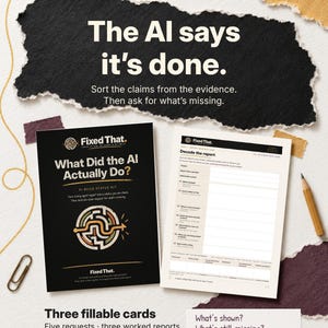 May include: A black and white AI build status kit featuring a cover card with a maze graphic and the text What Did the AI Actually Do? alongside a fillable report card titled Decode the report, accompanied by a pencil and a metal paper clip.