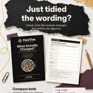 May include: A version review kit featuring a black cover with the text 'What Actually Changed?' and a maze graphic, alongside a white checklist page titled 'Follow each change to its effect'. Includes a pencil and paperclip.