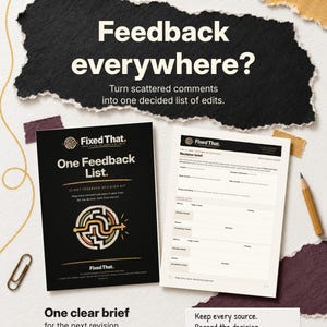May include: A digital client feedback revision kit featuring a black cover with the text One Feedback List and a maze graphic, alongside a white revision brief document, a wooden pencil, and a metal paperclip on a textured background.