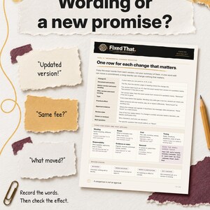 Three handwritten notes about an updated version, its fee and what moved sit beside the guide’s meaningful-change register, which separates wording, scope, cost, timing and other changes.