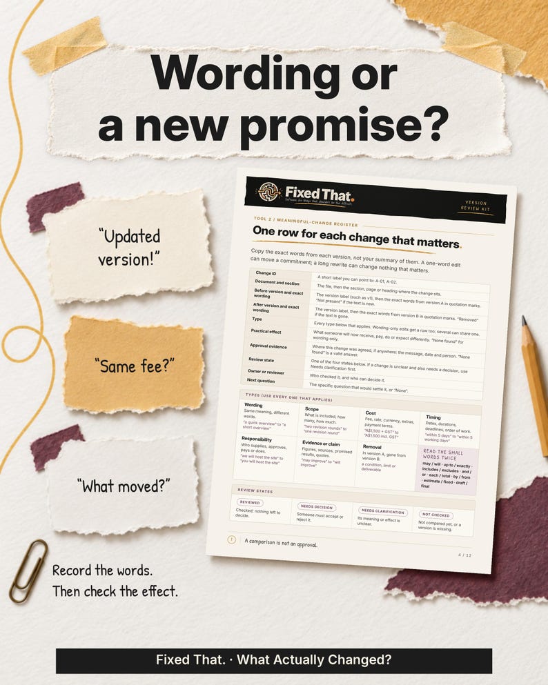 Three handwritten notes about an updated version, its fee and what moved sit beside the guide’s meaningful-change register, which separates wording, scope, cost, timing and other changes.