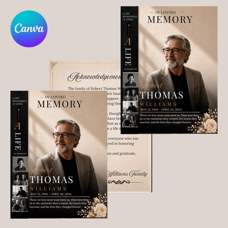 Editable Canva Funeral Program Template, Cream Gold Floral Memorial ...