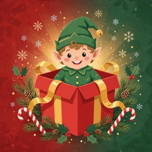 May include: A cartoon illustration of a smiling elf wearing a green hat with a bell, sitting inside an open red gift box with a gold ribbon. The scene is decorated with pine branches, pinecones, holly berries, and candy canes.