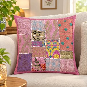 Pink Floral Embriodered Sofa Cushion Cover, Boho Bed Pillow Case, Handmade Patchwork Cotton Cushion Cover, Vintage Home Decor Christmas Gift