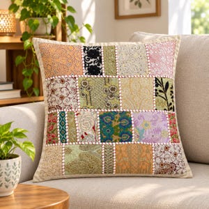 Embriodered Patchwork Cushion Cover 16x16 inches, White Floral Cotton Farmhouse Cushion, Sofa Bed Decor, Boho Decorative Pillowcase