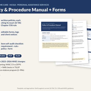 Texas Home Care Policy Manual + 34 Forms, Self-Audit Checklist (Editable Word)