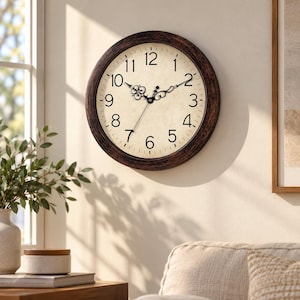 May include: A round wall clock with a dark brown, textured frame and a cream-colored face. The clock features black Arabic numerals from 1 to 12, black ornate filigree-style hour and minute hands, and a thin black second hand.