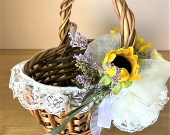 Flower Girl Basket, Country Sunflower and Burlap Western Decor, Preserved Rose