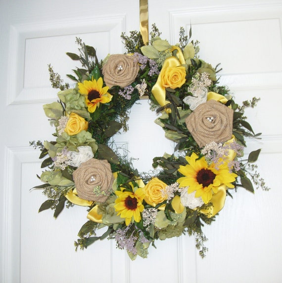 Sunflower Preserved Rose Burlap Wreath Preserved Roses And Etsy