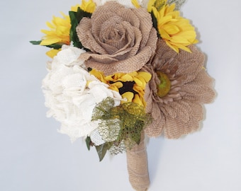 RUSTIC, BURLAP, Lace, SUNFLOWER County, Western Wedding Bouquet, Ready To Ship
