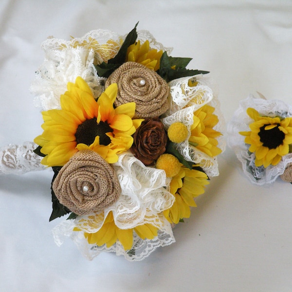 Rustic LACE, SUNFLOWER and Burlap County, Western Wedding Bouquet, with Bouqonniere, Custom Order