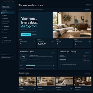 Könnte beinhalten: Eine dunkel gestaltete digitale Dashboard-Oberfläche für die HomeNest-Inventarsoftware. Das Layout umfasst eine Seitennavigation, einen Hauptübersichtsbereich mit Wohnungsstatistiken, eine Raumaufteilung und ein Bild eines Wohnzimmers.
