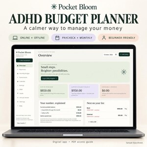 Könnte beinhalten: Ein Laptop-Bildschirm zeigt die Benutzeroberfläche des Pocket Bloom ADHD Budgetplaners. Das Dashboard enthält eine Übersicht mit Bereichen für verfügbares Guthaben, unbezahlte Rechnungen sowie eine Liste anstehender Miet- und Internetzahlungen.