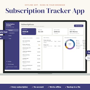 Abonnementsvolg-app offline HTML, tracker voor gratis proefperiodes, verlengingskalender, maandelijkse onkostentracker