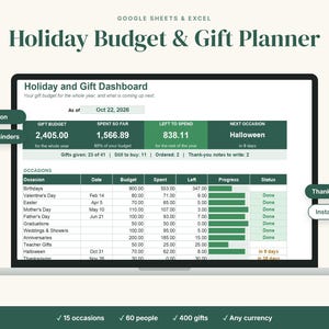 May include: A digital Holiday Budget and Gift Planner spreadsheet for Google Sheets and Excel. The dashboard displays gift budget, spending, and occasion tracking with labels for Every Occasion, Birthday Reminders, and Thank-You Tracker.