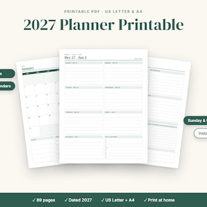 2027 Planner Printable, Weekly and Monthly Planner, Dated Calendar, Goal and Habit Tracker PDF