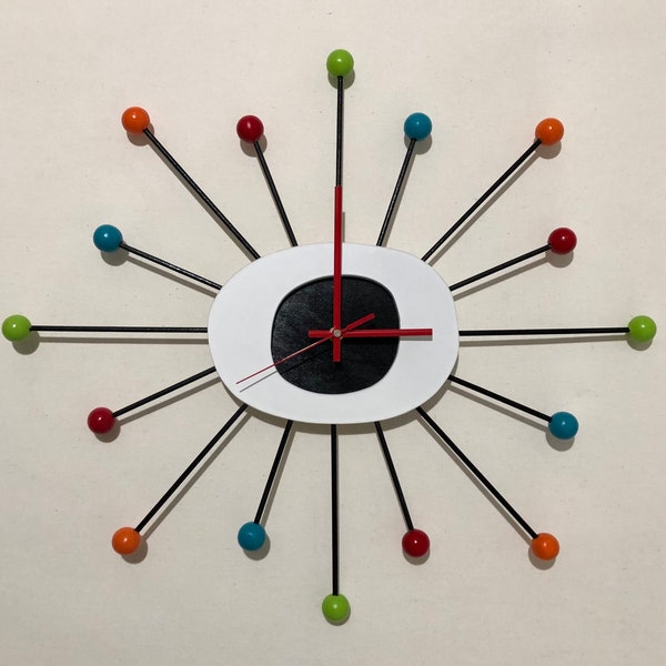 Black Mid Century Modern Starburst atomic colorful ball clock. New Handmade Large 23” size. Silent ticking. Home decor wall art gift.